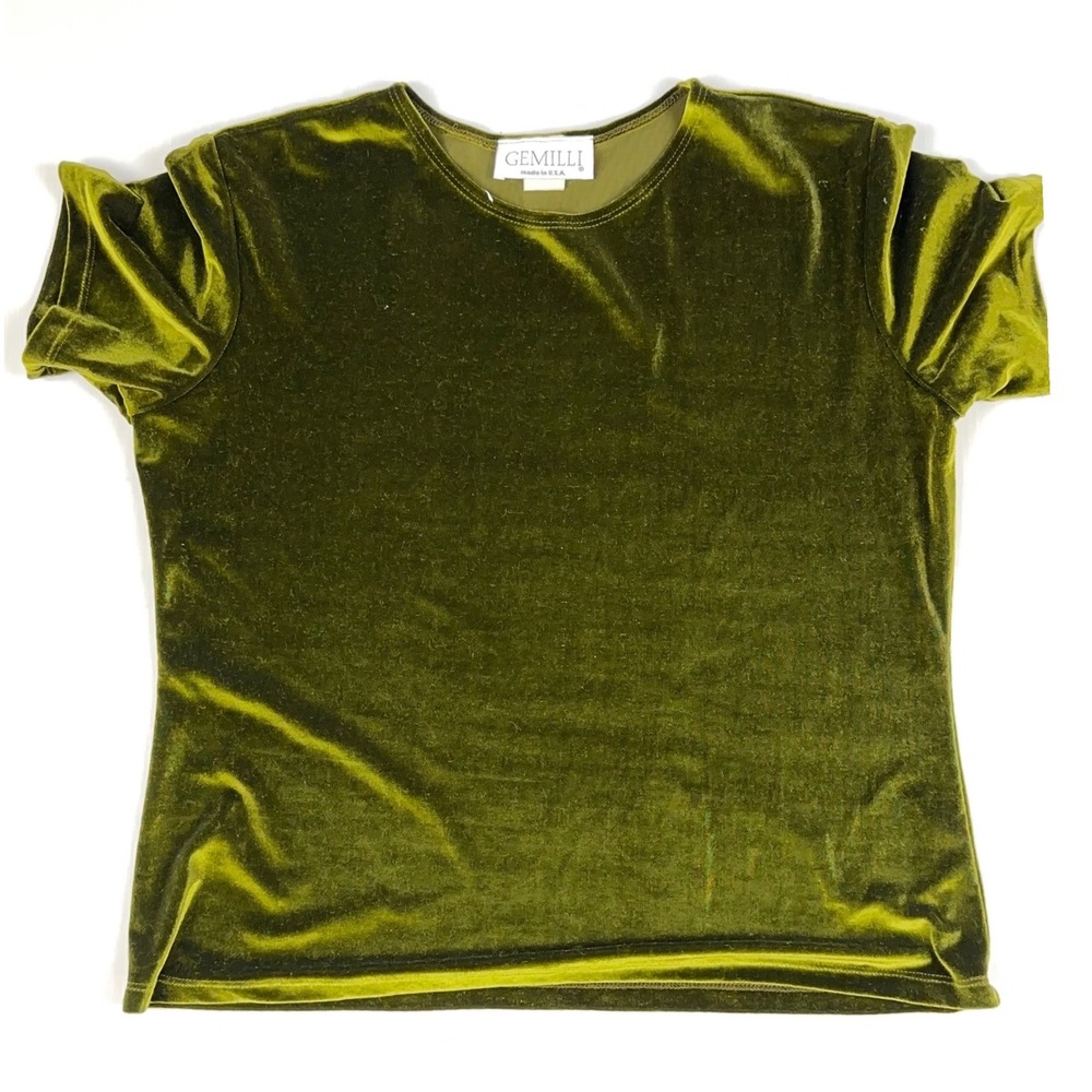 Gemilli Vintage Moss Green Velvet T-Shirt Womens Large Short Sleeve Made in USA